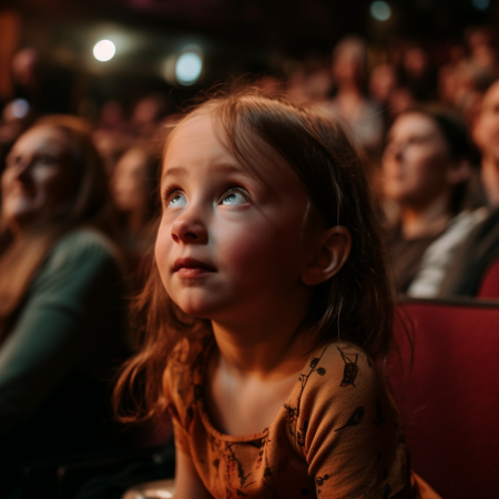 Young child eagerly awaiting the opening of the theatre curtains