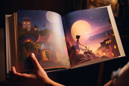 Picture book open at a mysterious night scene of houses with all their lights on, and two moons. A girl is moving down some rocks with her pets